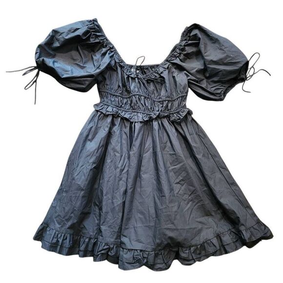 NWT En Saison Dress Women's Medium Black Cotton Poplin Mini Puff Sleeve - Picture 3 of 6